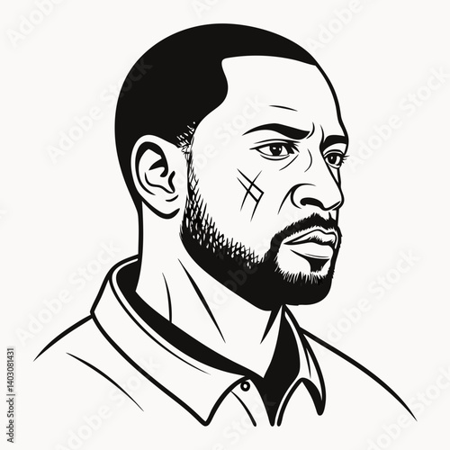 Black and White Portrait of Strong Man with Beard and Facial Scar Ideal for Illustrative Projects