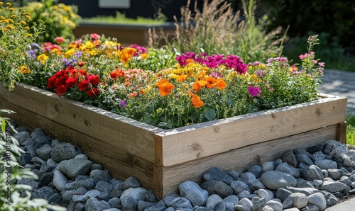 A vibrant flower garden in a wooden planter surrounded by stones.