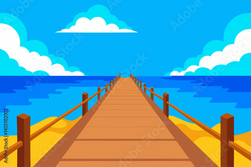 Wooden pier stretches into the vast ocean at sunset, connecting the beach to the horizon under a summer sky