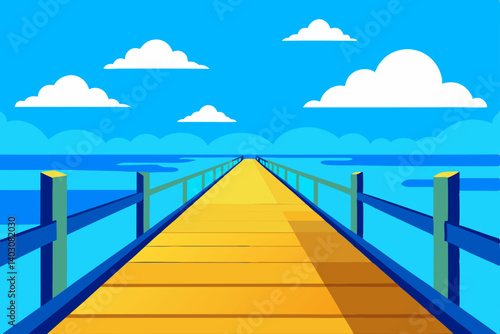 Wooden pier stretches into the vast ocean at sunset, connecting the beach to the horizon under a summer sky