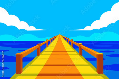 Wooden pier stretches into the vast ocean at sunset, connecting the beach to the horizon under a summer sky