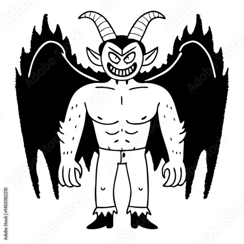 Intimidating Cartoon Demon Character with Horns and Wings for Creative Projects