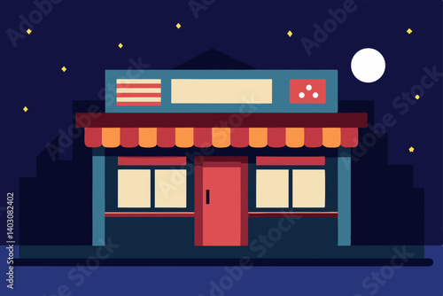 A charming cartoon Christmas night city street scene with a festive house and shop illustration