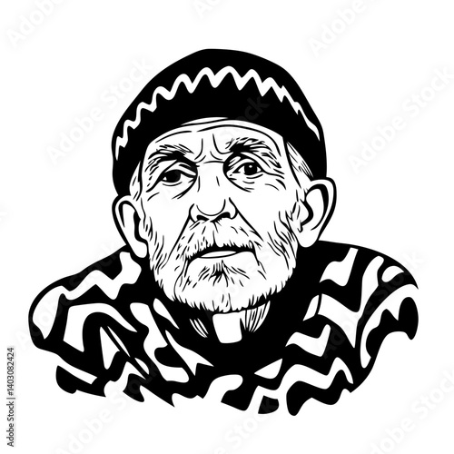 Elderly Man Portrait Vintage Style Detailed Illustration for Tattoo Design and Coloring Pages