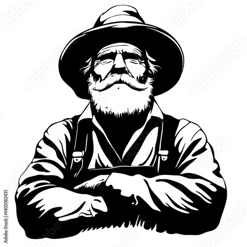 Vintage Farmer Illustration with Beard and Hat for Rustic Decor and Tattoo Designs
