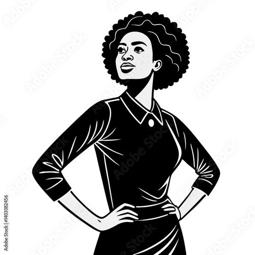 Confident Woman Standing with Stylish Outfit and Curly Hair for Empowerment Themes
