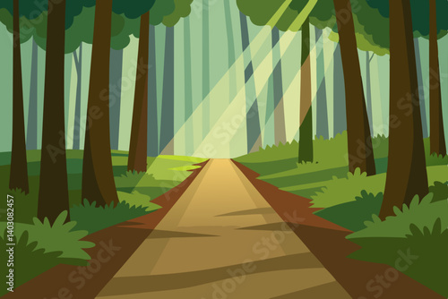 Green summer landscape with a road through the forest leading to a distant city skyline under a clear sky