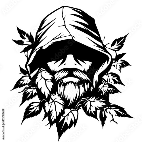Mystical Bearded Figure with Hood and Green Leaves for Tattoo and Coloring Book Design