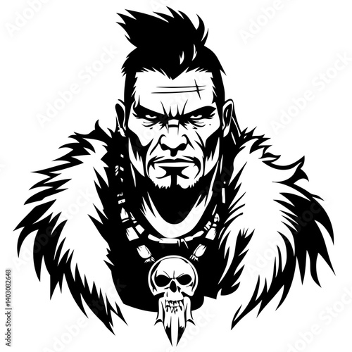 Fearsome Warrior Face Illustration with Necklace and Skull Tattoo Design for Bold Art Projects
