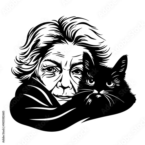Emotive Portrait of an Older Woman Cuddling a Black Cat Ideal for Tattoo and Coloring Designs