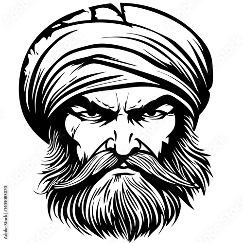 Detailed Black and White Portrait of a Strong Bearded Man in Turban with Intense Expression