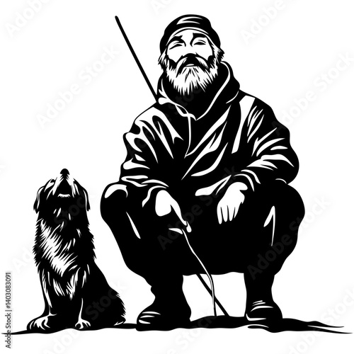 Hunter and Dog Illustration Perfect for Outdoor Adventure Themes and Tattoo Design