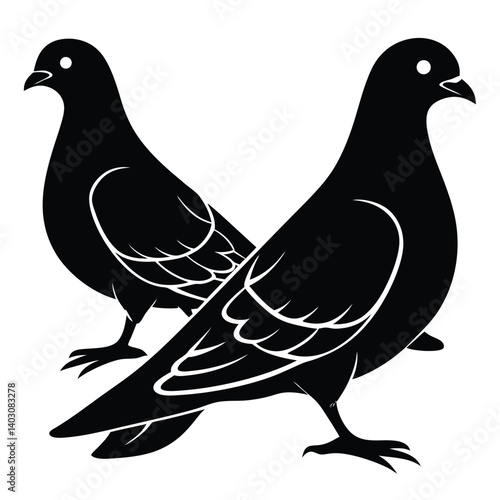 Black & White Pigeon Illustration: Two Pigeons Standing Side-by-Side, Vector Graphic, Bird Art, Animal Clipart, Simple Design, Wildlife Image