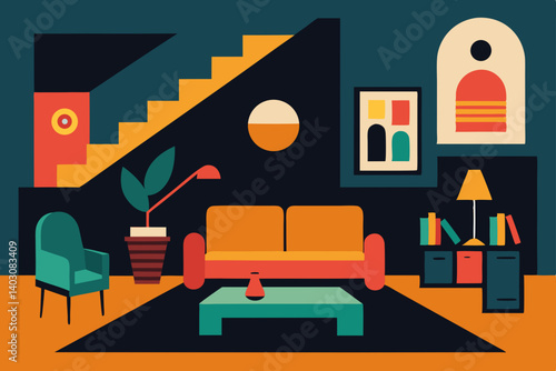 Vector illustration of a comfortable living room interior with sofa, armchair, and home furniture design