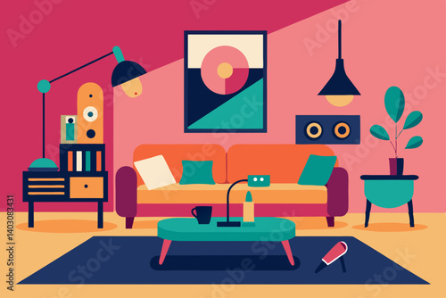 Vector illustration of a comfortable living room interior with sofa, armchair, and home furniture design