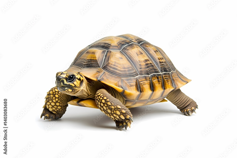 Fototapeta premium Yellow-footed tortoise walking, white background, wildlife, nature, reptile