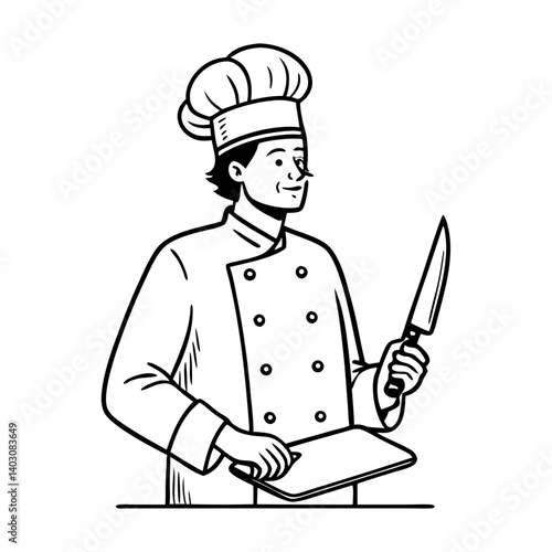 Professional Chef Holding Knife and Cutting Board in Kitchen Illustration