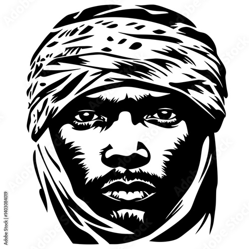 Intricate Portrait of a Man in Traditional Headscarf for Cultural Art and Tattoo Design