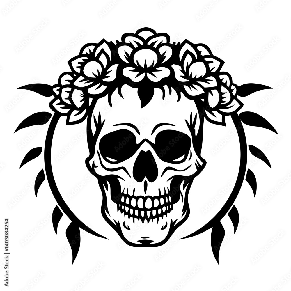 Fototapeta premium Skull with Floral Crown and Leaves Gothic Design for Tattoos and Graphic Art