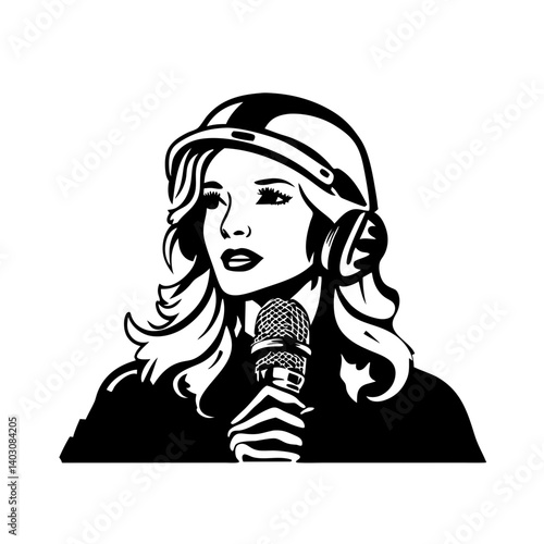 Stylish Female Vocalist with Microphone and Headphones for Music Artwork and Design