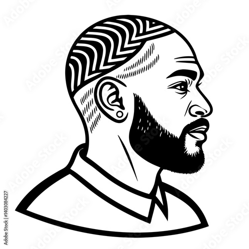 Stylish Black Man Profile with Short Hair Wave Pattern and Beard