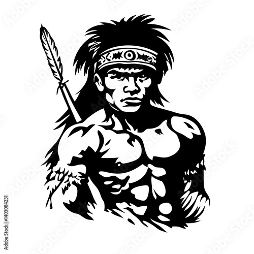 Bold Warrior Portrait with Feathered Headband for Tattoo Design and Art Projects