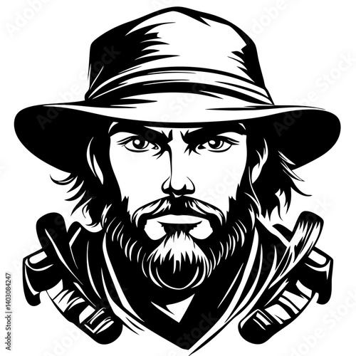 Bearded Cowboy in Wide-Brimmed Hat Vector Portrait for Tattoo and Graphic Design