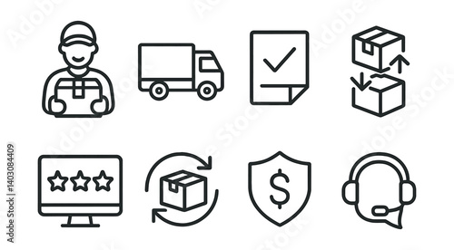 Set: delivery person, truck, checklist, package, review, return arrows, shield with dollar sign, headset.