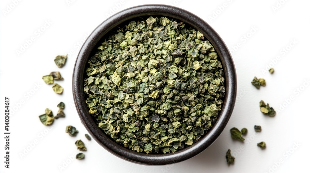 Dried green tea leaves in bowl, white background, overhead shot, food blog use Dried green tea leaves in bowl, white background, overhead shot, food blog use
