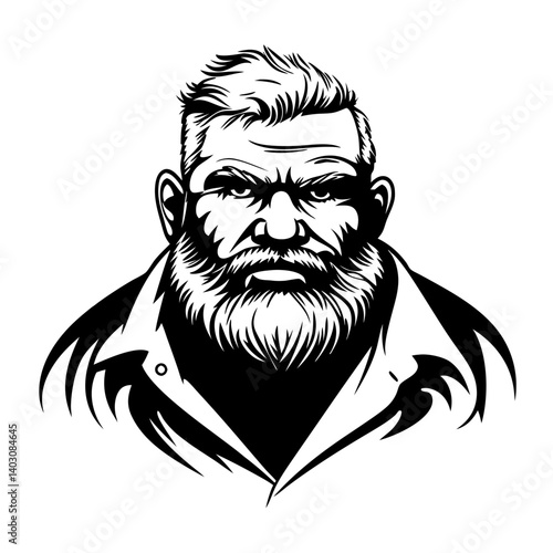 Detailed Bold Bearded Man Illustration for Tattoo Design and Graphic Projects