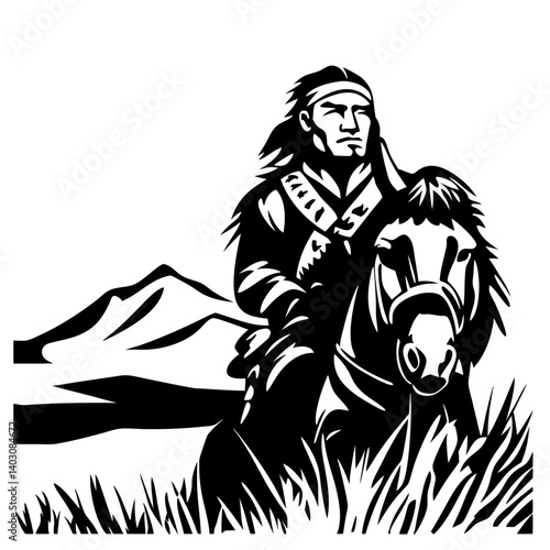 Native American Warrior on Horse with Mountains and Grass Background for Print and Tattoo Design