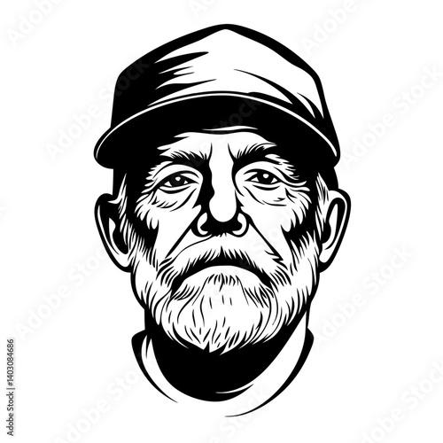 Detailed Illustration of a Rugged Older Man with a Beard and Cap for Tattoo and Graphic Design