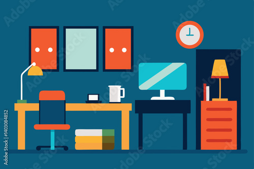 Modern interior design with living room furniture, home office, and technology illustration