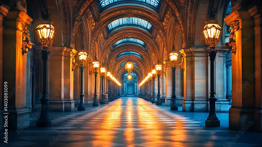 Fototapeta premium Elegant corridor illuminated by vintage lamps in a grand architectural setting.