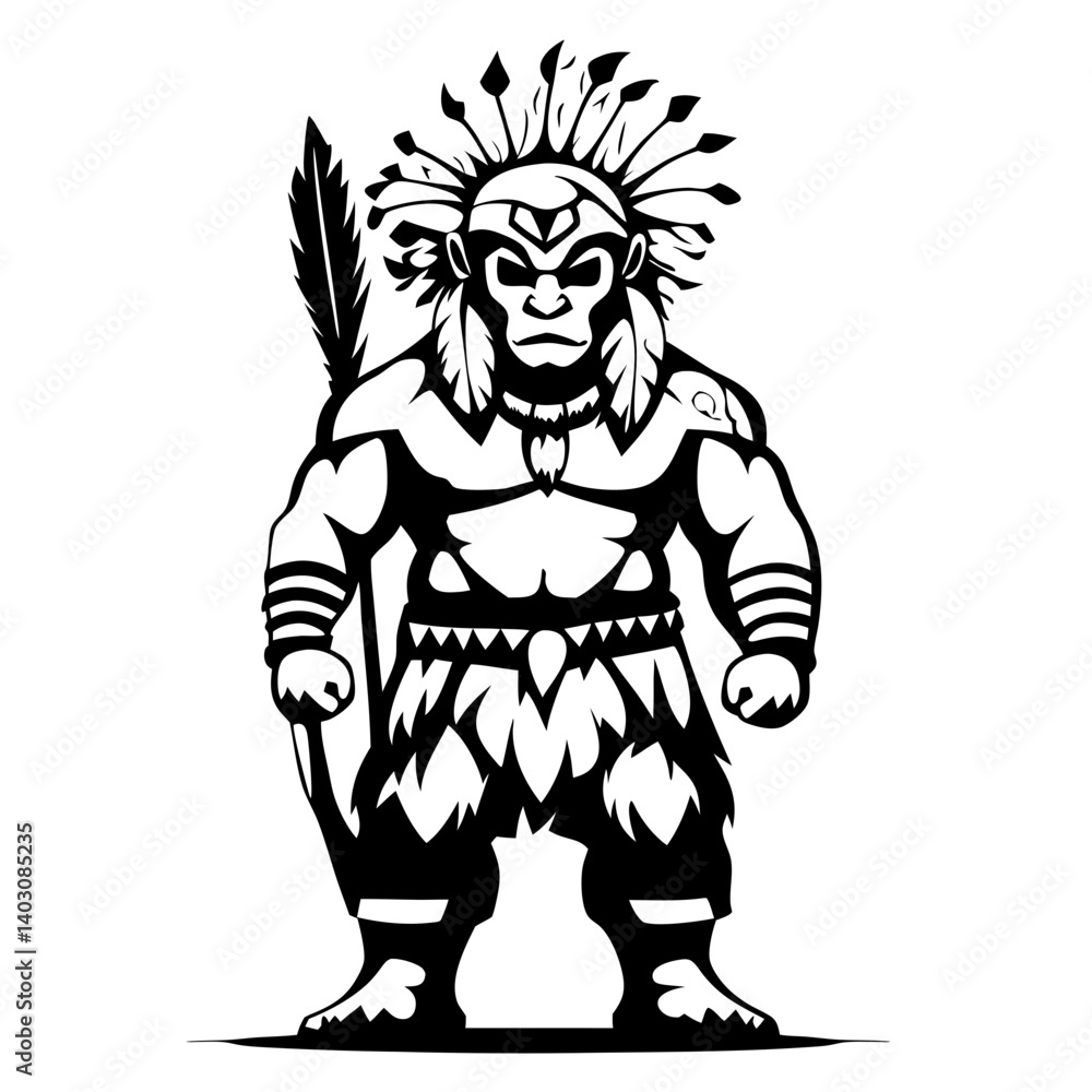 Fototapeta premium Powerful Warrior Figure with Tribal Elements and Feather Ornamentation for Design Projects