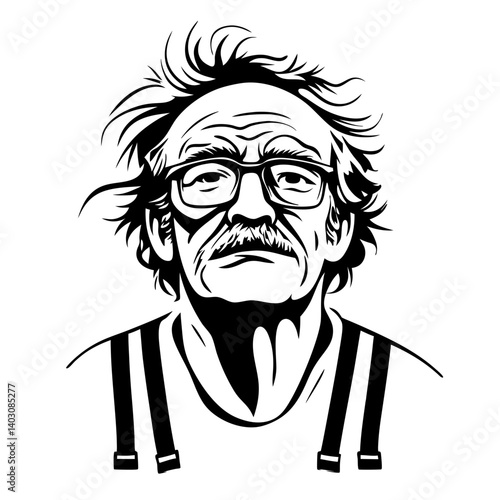 Portrait of an Elderly Man with Glasses and Wild Hair Perfect for Tattoo Design or Artwork