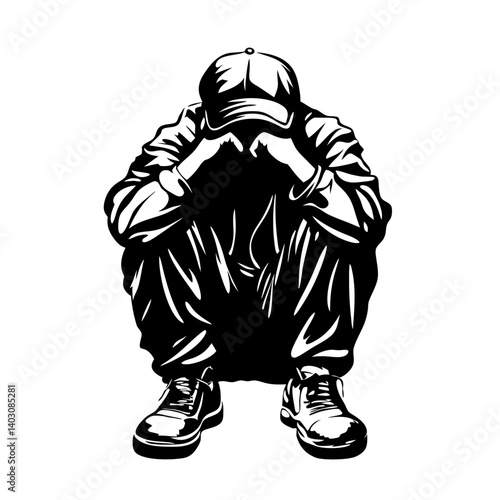 Emotional Figure in Crouching Pose Depicting Sadness and Reflection for Tattoo or Coloring Book