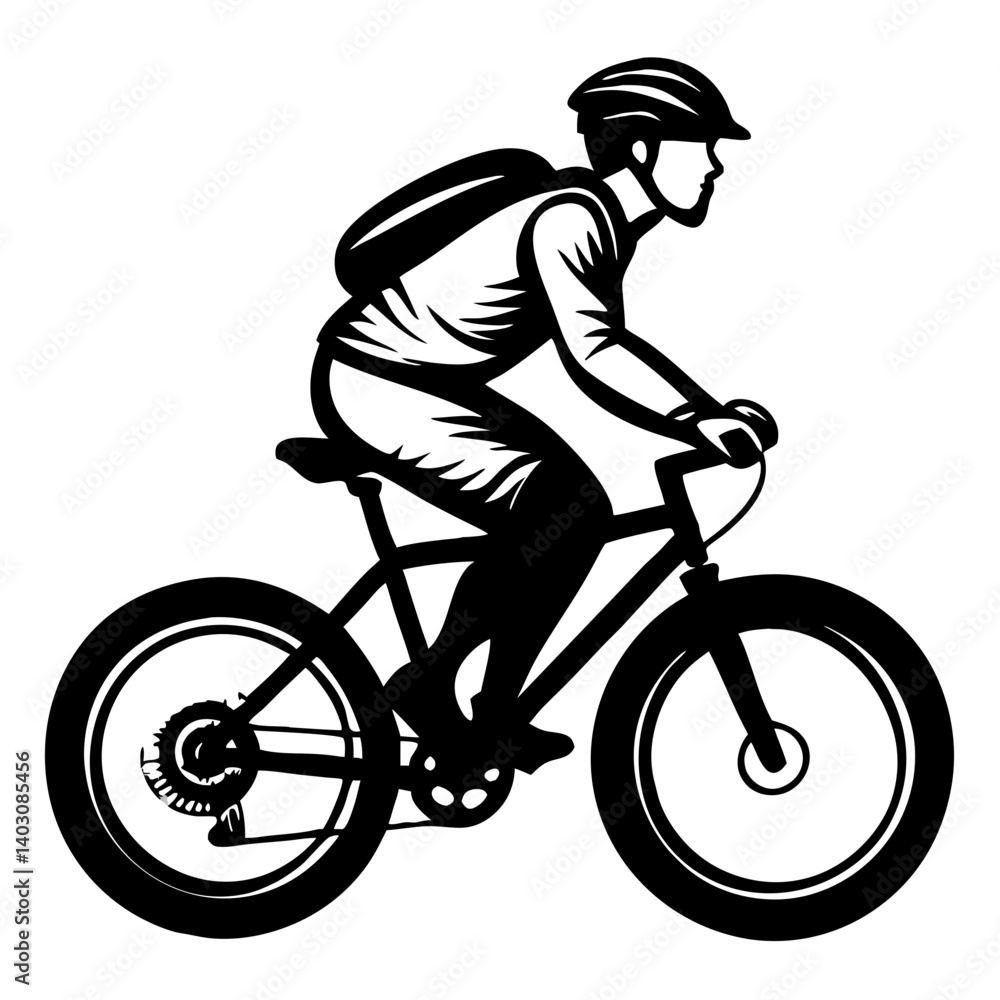 Naklejka premium Mountain Biker Riding on a Trail with Backpack and Helmet for Sport and Adventure Themes