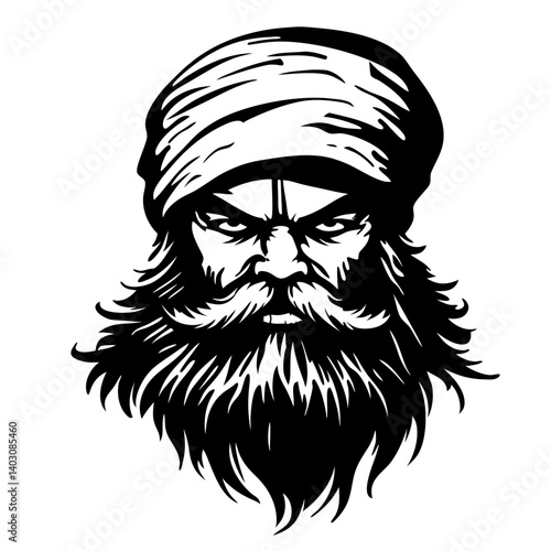 Bold Vector Illustration of a Warrior with a Fierce Expression and Traditional Headwear