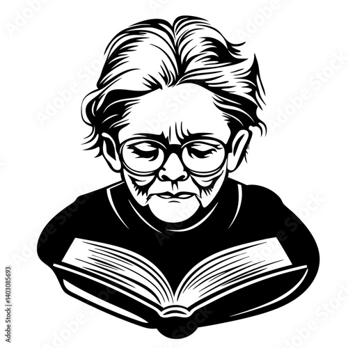 Angry Elderly Woman Reading Book Vector Illustration for Graphic Design and Tattoo Art