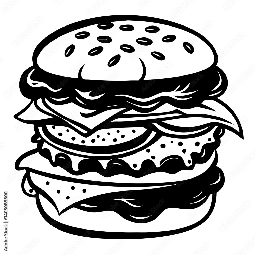 Delicious Gourmet Burger Vector Design Ideal for Food Menus T-Shirts and Tattoo Art