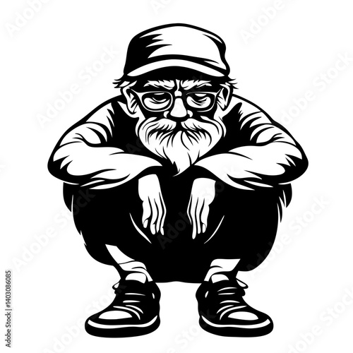 Squatting Elderly Man with Beard and Glasses Vector Illustration for Tattoo or Apparel Design