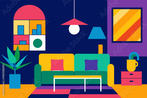 Colorful living room interior with vibrant furniture and decor vector illustration