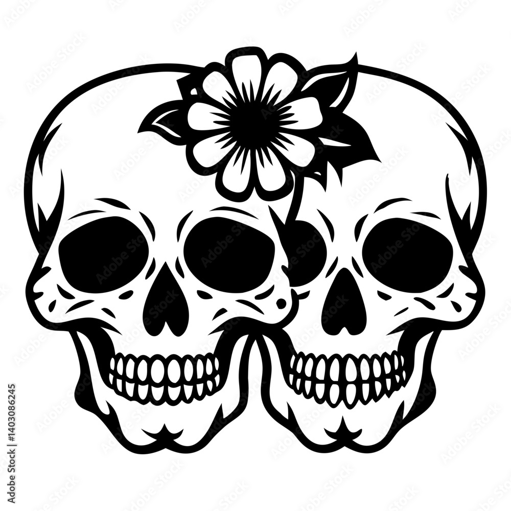 Intricate Twin Skull Design with Flower Accent for Unique Tattoo Concepts and Graphic Art Intricate Twin Skull Design with Flower Accent for Unique Tattoo Concepts and Graphic Art