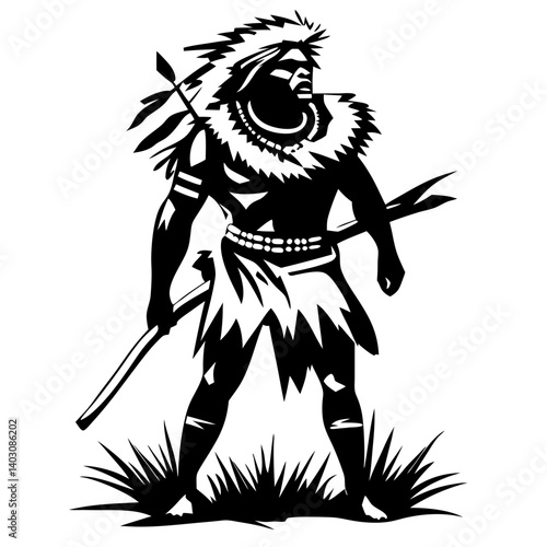 Warrior Silhouette Representation Indigenous Culture with Spear and Traditional Attire