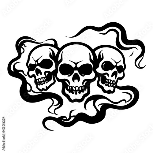 Three Skull Design with Smoke for Tattoo or Graphic Art Projects