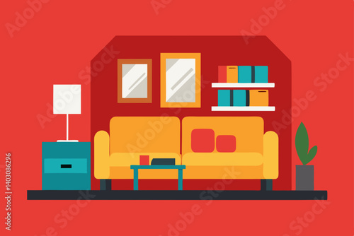 Modern living room interior with contemporary furniture, sofa, and fireplace