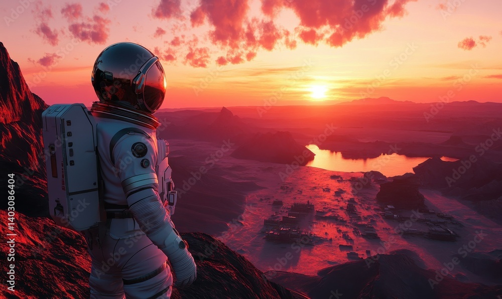 Astronaut gazing at a stunning sunset over a distant landscape.