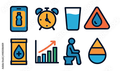 Set of icons: water bottle, alarm, glass, warning, bottle, graph, toilet, droplet.