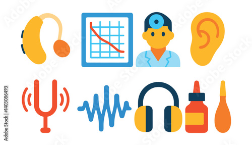 Set of icons including a hearing aid, doctor, ear, headphones, sound waves, medicine.
